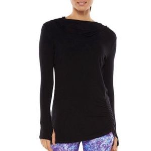Gaiam Womens Size M Black Cowl Hooded Ruched Pullover Long Sleeve Yoga Tunic Top
